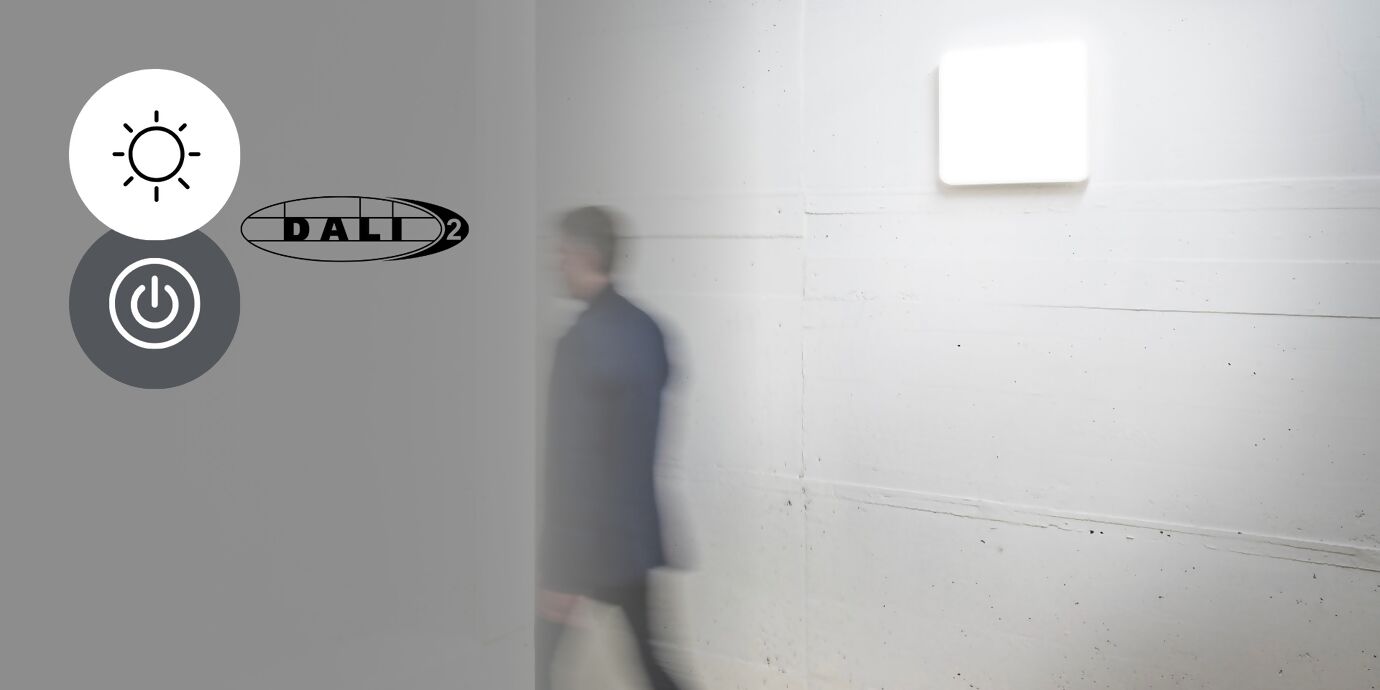 Person moving in concrete staircase, triggering sensor in white square light, icon for ceiling sensor on orange circle, top left icon for on-off switch and daylight and DALI-2 logo