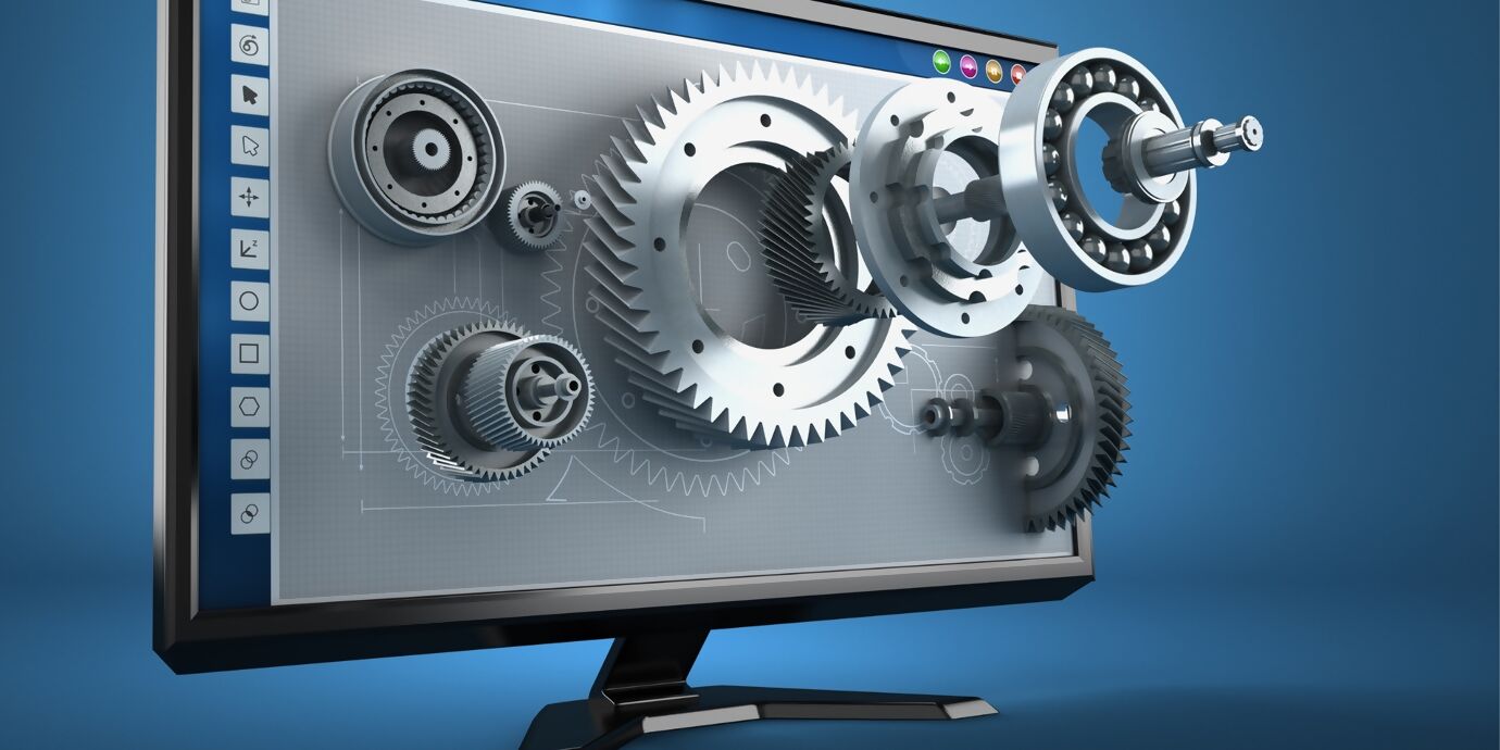 Monitor with industrial 3D product design with CAD/CAM software, artistically depicted, as some of the symbols emerge from the monitor