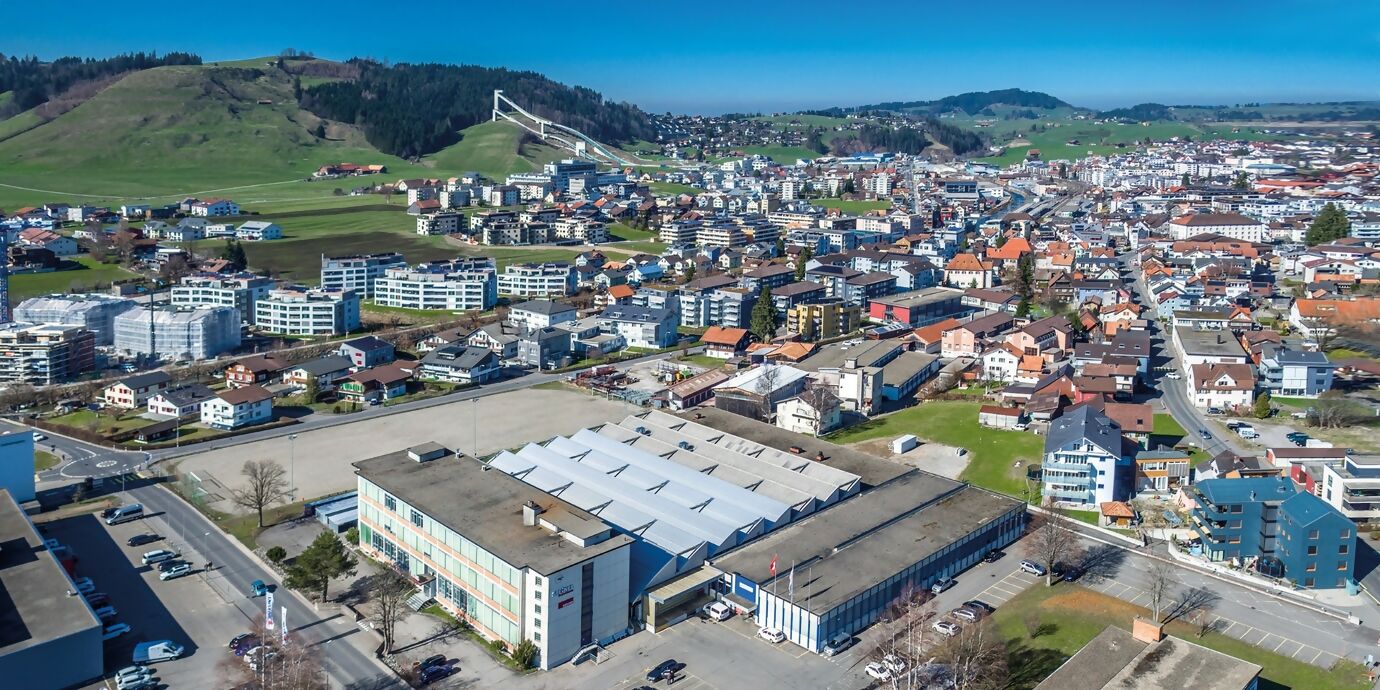 Aerial view of the STEINEL site with Einsiedeln in the background