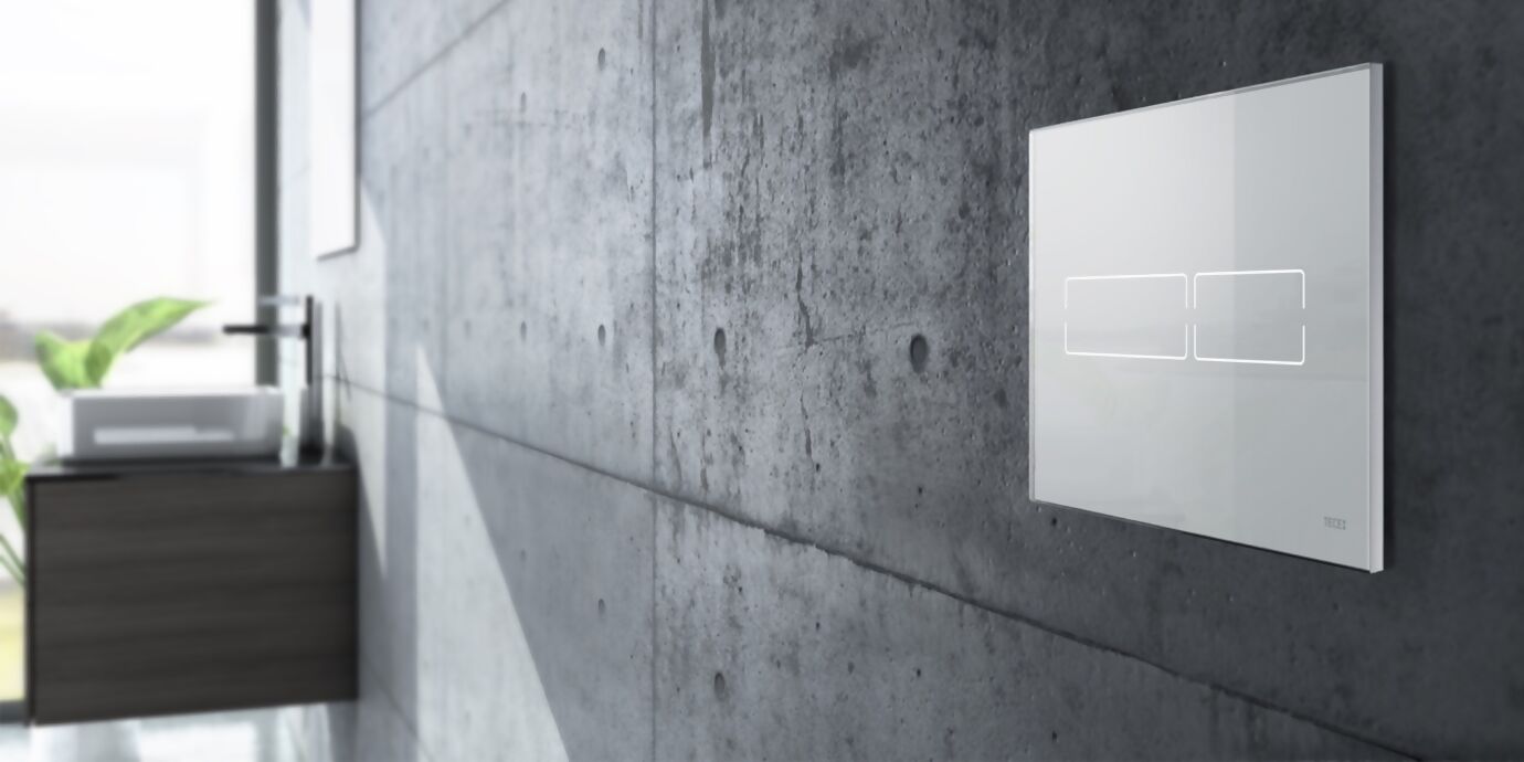 Light-coloured, non-contact flush plate on a dark granite wall in the bathroom