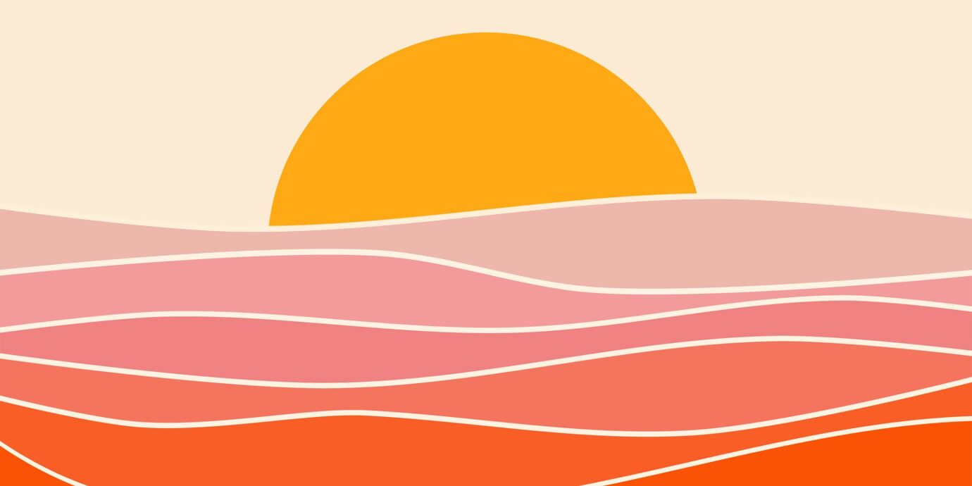Modernes Grafikdesign von oranger, rosa, roter Sonnenuntergangslandschaft im retro, vintage, Boho 70er Jahre Stil Mid-Century
