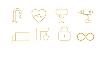 Stark abstrahierte Icons für verschiedene Branchen, tropfender Wasserhahn, Herz mit Herzschlag, Sensor, Akkubohrer, Industriegebäude, Kaffeemaschine, Sicherheitsschloss, liegende Acht als Zeichen für unendlich