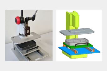 Kniehebelpresse Foto links und rechts als CAD-Zeichnung