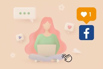 Frau sitzend im Im Schneidersitz mit Laptop in Cartoon-Stil, Social Icons für Like, Kommentar, Text daneben  Logo von Facebook mit Herz-Icon in orange für Like sowie Klick-Icon als Aufforderung, das Bild anzuklicken