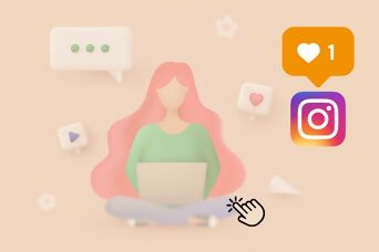 Frau sitzend im Im Schneidersitz mit Laptop in Cartoon-Stil, Social Icons für Like, Kommentar, Text daneben  Logo von Instagram mit Herz-Icon in orange für Like sowie Klick-Icon als Aufforderung, das Bild anzuklicken