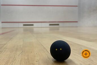 Nahaufnahme von Squash-Ball mit zwei gelben Punkten liegend auf Squash-Court, rechts unten ein Plus-Icon auf orangem Kreis