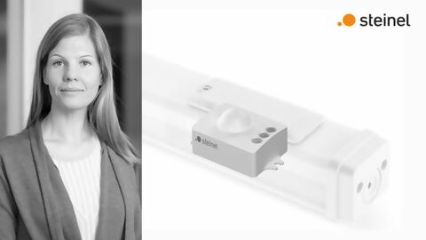 On the left, a portrait of Andrea Lachner, SENSOTEC Business Development Manager in black and white, and on the right, a linear fluorescent lamp with transparency and a built-in SENSOTEC sensor