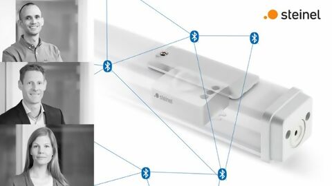 Three portraits of Ronald Reichmuth, electronics developer, Stefan Walker, Head of OEM Engineering and Andrea Lachner, Business Development Manager SENSOTEC, as well as a linear fluorescent lamp with transparency, built-in sensor and Bluetooth mesh network