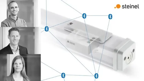 Three portraits of Ronald Reichmuth, electronics developer, Stefan Walker, Head of OEM Engineering and Andrea Lachner, Business Development Manager SENSOTEC, as well as a linear fluorescent lamp with transparency, built-in sensor and Bluetooth mesh network