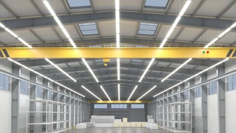 Rendering einer Werkhalle mit gelbem Stahlträger und heller Beleuchtung