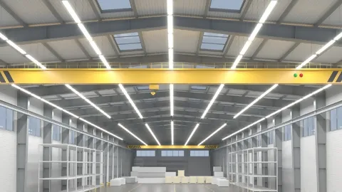 Rendering einer Werkhalle mit gelbem Stahlträger und heller Beleuchtung