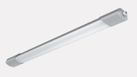 Flat linear luminaire with SENSOTEC sensor on light grey background for energy-efficient lighting.