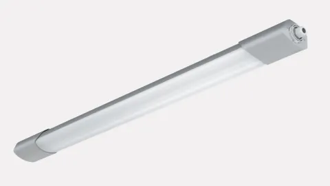 Flat linear luminaire with SENSOTEC sensor on light grey background for energy-efficient lighting.