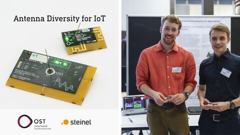 Die zwei Bachelor-Absolventen Marco Niederberger und Yanick Schoch bei der Präsentation ihrer Abschlussarbeit, Schriftzug Antenna Diversity for IoT, Leiterplatten und die Logos von Fachhochschule OST und STEINEL