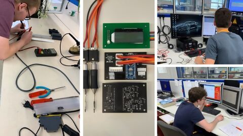 Auszubildende arbeiten an verschiedenen Projekten, Elektronikentwicklung, bei der Arbeit am Monitor