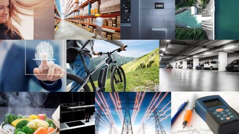 Collage aus Bildern, die Branchen darstellen, e-Mobility, Energie Management, Elektrogeräte, Wasserwirtschaft, Tiefgarage, Food, Logistik, Sanitärprodukte, Wellbeing, Sicherheitstechnik Beleuchtung