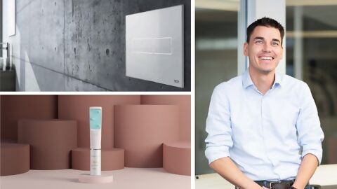 Collage aus drei Bildern; weisse, an graue Betonwand montierte TECE lux mini WC-Betätigungsplatte, IONIQ Sprayer ONE, Porträt Marco Lang, CEO STEINEL Solutions AG