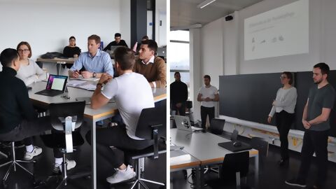 Links eine Gruppe von Personen an rundem Tisch bei Gespräch, rechts eine Gruppe von Studenten bei der Präsentation