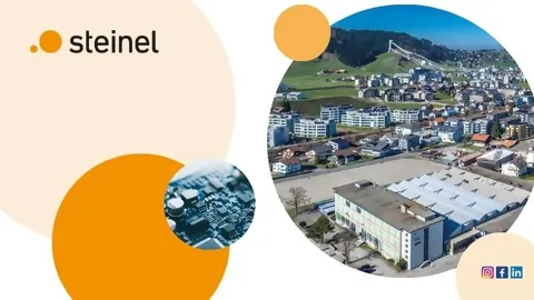 Luftaufnahme vom Standort der STEINEL Solutions in Einsiedeln und kleiner Ausschnitt einer Leiterplatte. Kreise in verschiedenen orange.