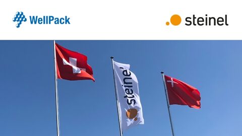 Logos von Wellpack und STEINEL über Bild von drei Fahnen, von links Schweiz, Steinel, Schwyz auf blauem Himmel