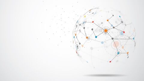 Schwebende, durchsichtige Kugel aus einem Punkt- und Linienkompositionskonzept mit farbigen Punkte und Schattenwurf, die eine globale Netzwerk-Verbindung darstellt und Fortschritt, IoT symbolisiert.
