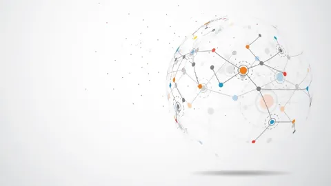 Schwebende, durchsichtige Kugel aus einem Punkt- und Linienkompositionskonzept mit farbigen Punkte und Schattenwurf, die eine globale Netzwerk-Verbindung darstellt und Fortschritt, IoT symbolisiert.