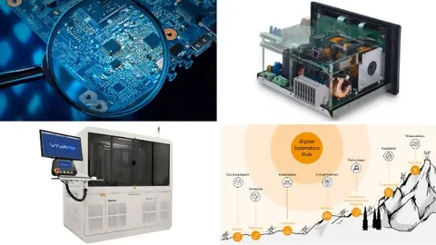 A collage of four images illustrating the content of the newsletter. A magnifying glass focusing on electronic components, the NSE Powersave, the Flying Probe Test System, and the product journey through the Alpine Innovation Hub