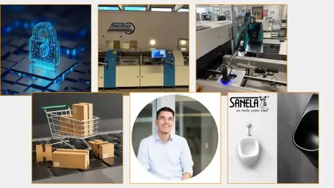 6 images, including content for the newsletter, CRA Castle, selective soldering system, automation using UV light, shopping trolley with parcels, portrait of Marco Lang, Sanela sanitary fittings