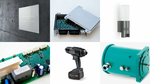 Collage aus sechs Bildern, TECE Lux mini WC-Betätigungsplatte, Steuergerät mit offenem Gehäuse, Steinel IP-Überwachungskamera mit LED-Leuchte, bestückte Leiterplatte, Steinel Mobile Heat, Rittmeyer Absolutwinkelgeber Ripos