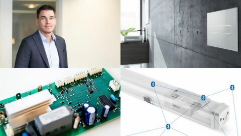 Collage aus vier Bildern, Marco Lang, CEO STEINEL Solutions AG, TECE Lux mini WC-Betätigungsplatte, bestückte Leiterplatte, Langfeldleuchte mit Transparenz und eingebautem SENSOTEC Sensor und Bluetooth Mesh-Netzwerk