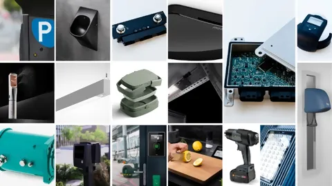 Collage mit verschiedenen Produten aus diversen Branchen, welche die STEINEL Solutions als Referenzen aufführt, darunter bspw. Designerleuchte, Security Scanner, Wärmeluftdusche, Urinal und weitere.