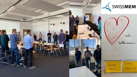 Collage aus Bildern von einer inhouse Weiterbildungen, mehrere Personen in einem Raum, Workshop