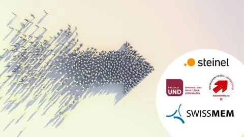 Ein grosser Pfeil aus Menschen, der unser HR und unser Miteinander veranschaulicht zeigt auf einen weissen Kreis mit den Logos von STEINEL, dem Prädikat UND, der Berufsbildung und dem Branchenverband SwissMEM.