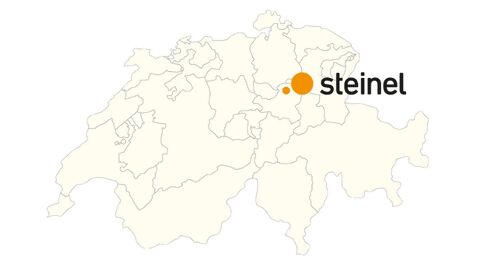 Umriss der Schweiz und Kantone in orange gehalten mit Steinel Logo in der Region Sihlsee / Einsiedeln