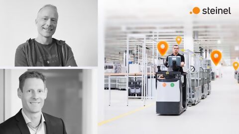 Links Porträt Marcel Graber und Stefan Walker, Hardware- und Firmwareentwicklung bei STEINEL Solutions, rechts Einblick in Produktionshalle mit mehreren orangen Standort/Location-Symbolen eingeblendet