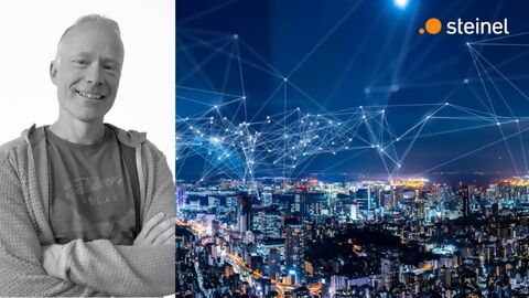 Links Porträt Marcel Graber, Hardware- und Firmwareentwickler bei STEINEL Solutions, rechts Stadt bei Nacht mit vielen Lichtern und Kommunikation-Netzwerk-Konzept. Sinnbild Smart City, IoT (Internet der Dinge)