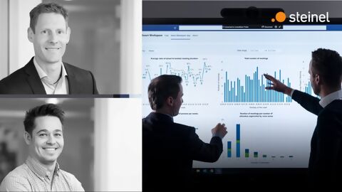 Links Porträt Florian Blöchlinger und Stefan Walker, Sales und Produktentwicklung bei STEINEL Solutions, rechts zwei Personen, die vor grossem Bildschirm stehen und verschiedene Charts besprechen