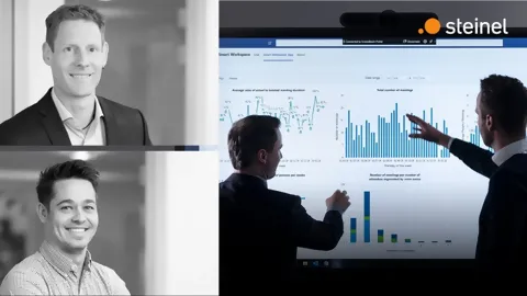Links Porträt Florian Blöchlinger und Stefan Walker, Sales und Produktentwicklung bei STEINEL Solutions, rechts zwei Personen, die vor grossem Bildschirm stehen und verschiedene Charts besprechen