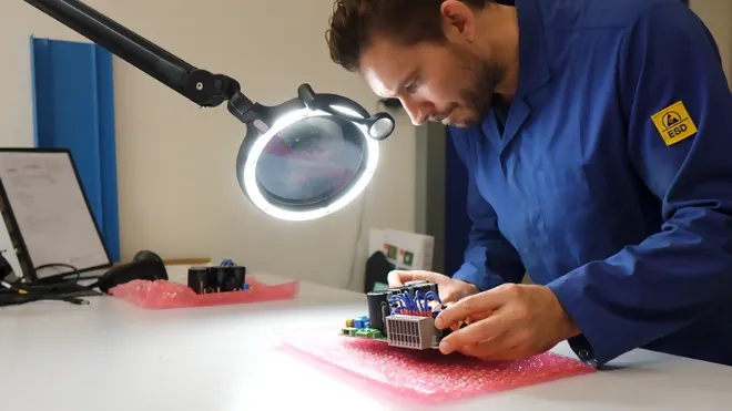 Projektmanager Dominik Blöchlinger beim Prüfen der Bestückung der Leiterplatte.