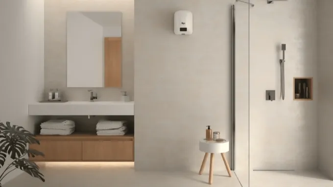Warm air shower Rez installed in a beige bathroom